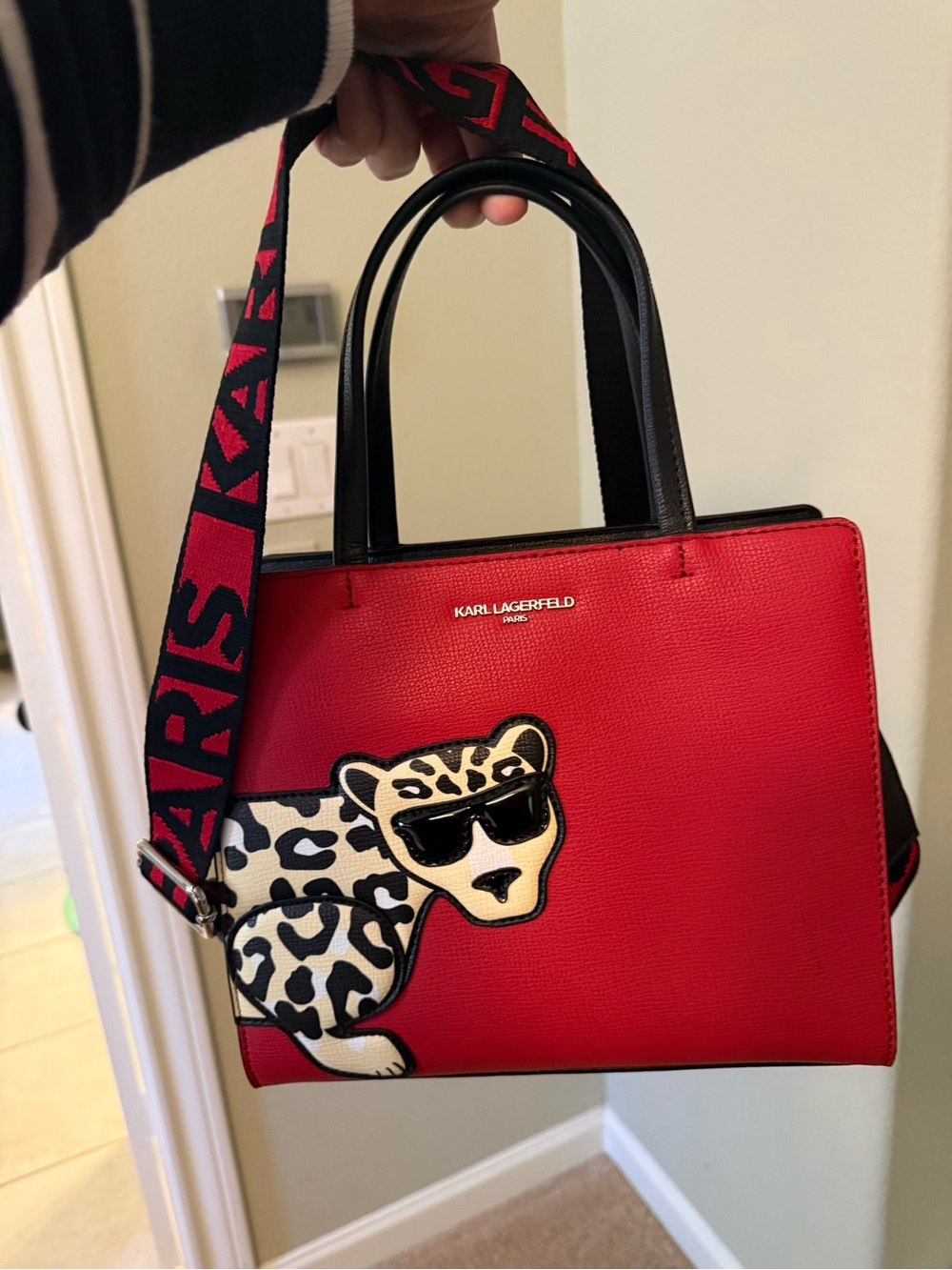 Karl Lagerfeld Red Satchel with Leopard Patch and Branded Strap